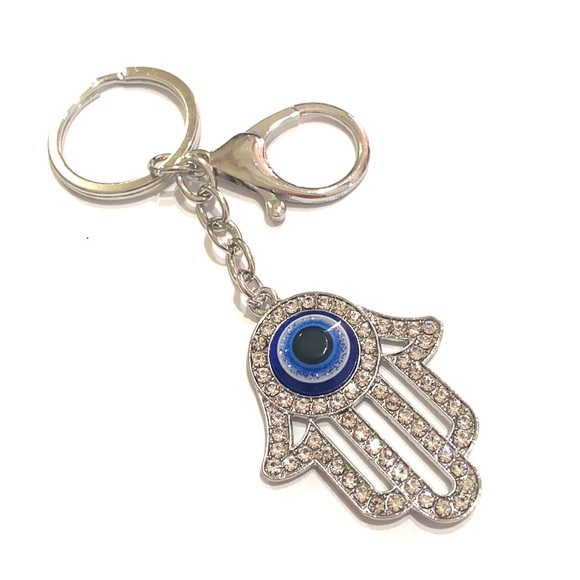 Silver Tone Hamsa Hand With Evil Eye Keychain Purse Charm - Picture 1 of 2